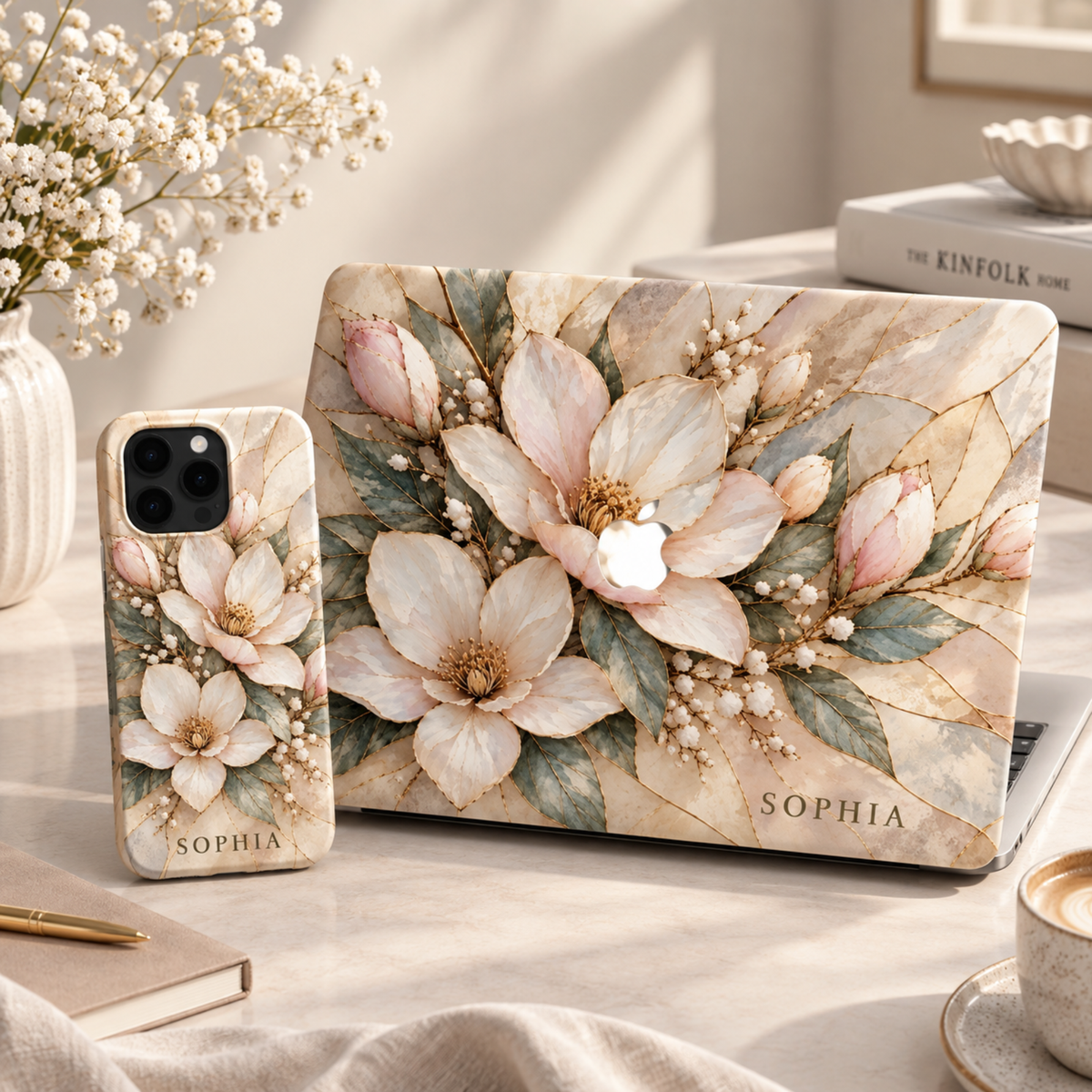 Matching set: Champagne Bloom magnolia iPhone case and MacBook case personalized with the same name.