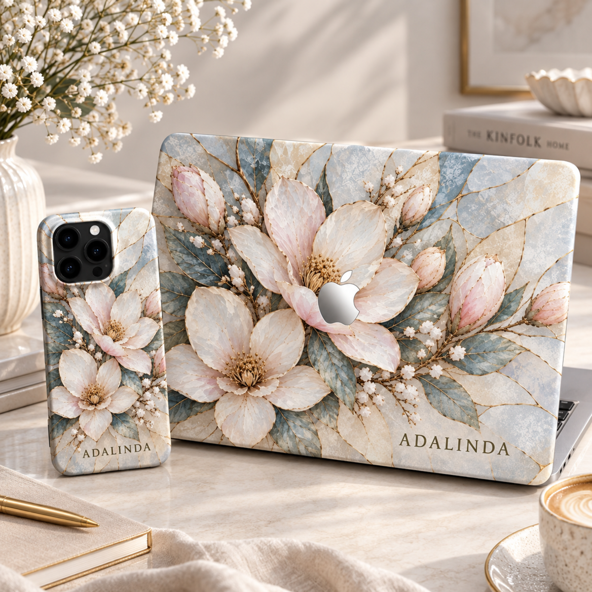 Matching set: Blue Bloom magnolia iPhone case and MacBook case personalized with ADALINDA.