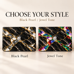 Choose your style: Black Pearl with pearly white inlay, or Jewel Tone with multicolor opal inlay, both on black marble with gold veins.