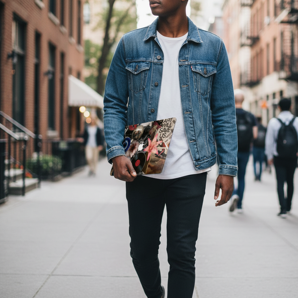 A man in a denim jacket walking on a city street, carrying a laptop with an "Art Will Save Us" collage hard shell case, showing a stylish and portable tech accessory.