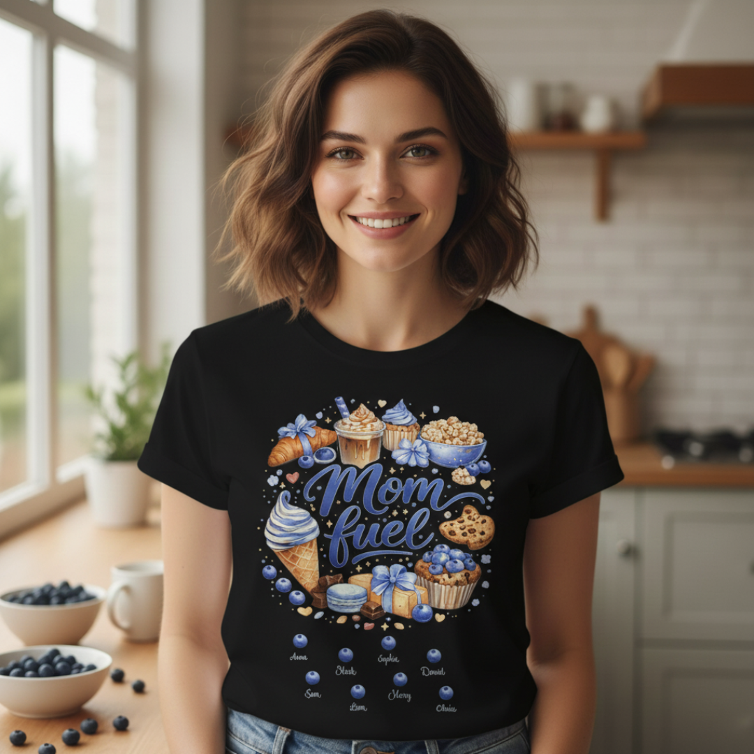 Close-up portrait of a woman wearing a black personalized "Mom Fuel" T-shirt, highlighting the intricate blueberry dessert illustration and custom kids names script.