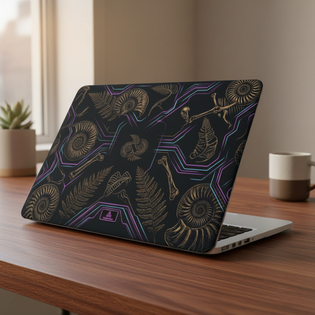 Lifestyle photo of a MacBook on a wooden desk. The glossy hard shell case displays a paleo-futuristic 3D design of golden fossil ammonites and ferns with glowing neon purple and cyan cyber-lines on a black background.