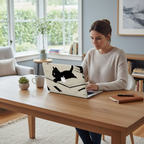 A young woman in a beige knit sweater is happily working on a silver MacBook at a wooden desk in a bright, sunlit home office. The laptop lid features a protective hard case with a charming minimalist black cat and open book ink sketch design, perfect for book lovers and cat enthusiasts. The desk holds a coffee mug, a succulent, and a journal, with bookshelves in the background.
