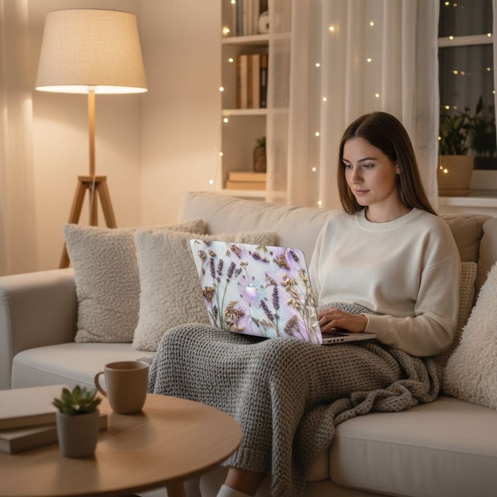 A young woman in a cream sweater is relaxedly working on a MacBook on a cozy sofa, covered with a grey knitted blanket. The laptop features a custom "Lavender Cyber-Garden" case, with warm fairy lights in the background.