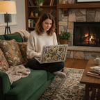 A woman relaxedly uses a MacBook on a green velvet sofa by a cozy fireplace. The laptop features a custom Secret Garden wildflower embroidery-style case, surrounded by a knitted blanket and floral pillows.