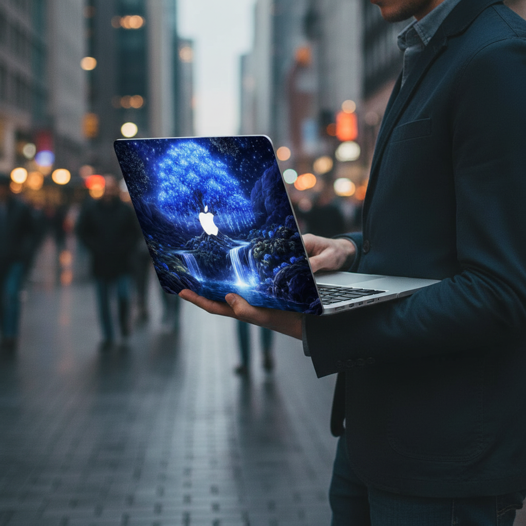Side view of a man in a navy suit holding a open MacBook in a city at night, featuring a 3D-effect glowing blue tree hardshell case with ethereal waterfalls and an exposed white Apple logo.