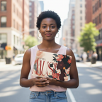A young Black woman stands on a blurred city street holding a personalized MacBook case featuring a bold portrait of a Black woman with coral flowers and the custom typography SOPHIA MUSE on a beige background.