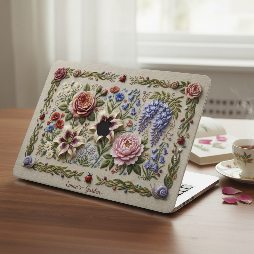 Decorative silver MacBook with a textured, detailed floral case featuring wisteria, roses, lilies, poppies, ladybugs, and snails, resting on a wooden desk next to a teacup, teapots, and a blooming branch.