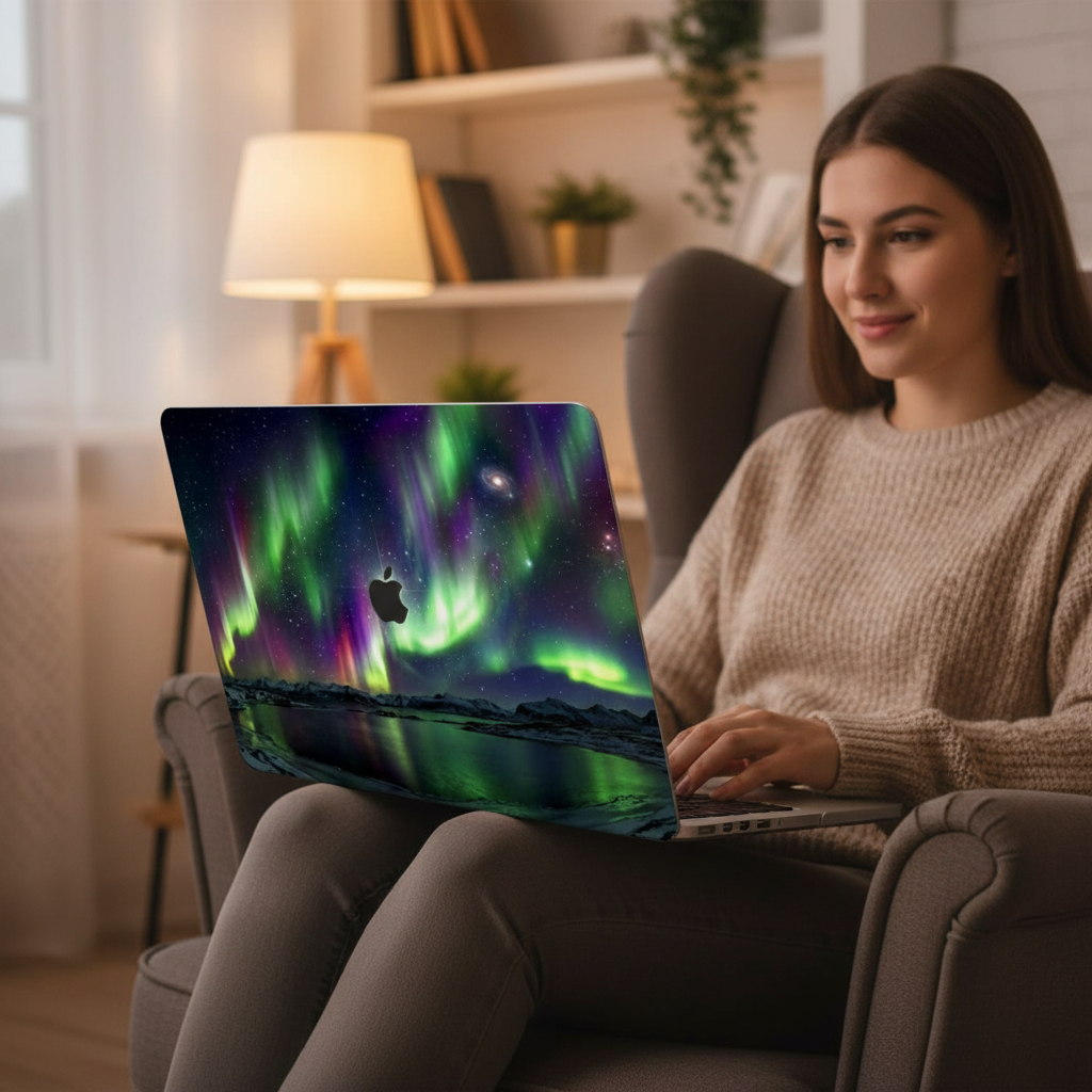 Lifestyle photo of a person sitting in an armchair, holding and using a MacBook on their lap. The laptop is protected by a hardshell case featuring a beautiful Northern Lights design of vivid green and purple Aurora Borealis dancing across a starry night sky over an arctic landscape.