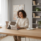 A young woman works at a wooden desk in a neutral home office, using a MacBook with a custom brown and beige abstract wave-patterned aesthetic case.