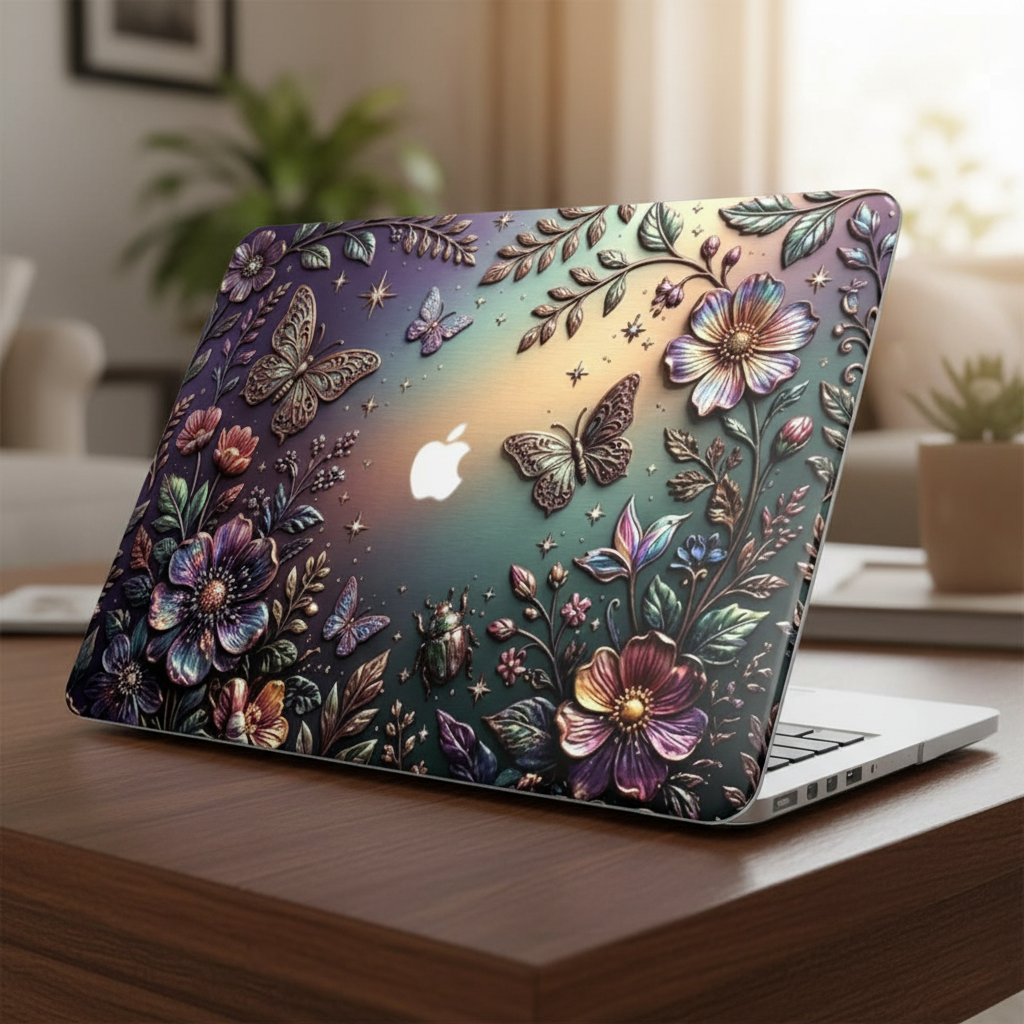 Lifestyle photo of a MacBook Pro on a wooden desk featuring a premium hard shell case with a 3D visual floral design. The case displays a realistic embossed effect of metallic blossoms, butterflies, and golden vines in purple, teal, and gold tones, with a cutout for the Apple logo.