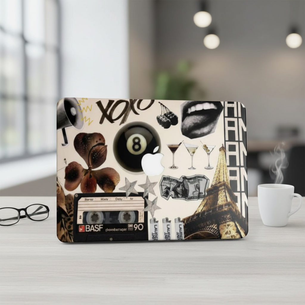 Cool girl aesthetic MacBook case with retro collage design on a beige background featuring vintage stickers, 8-ball, Eiffel Tower, and cassette tape.