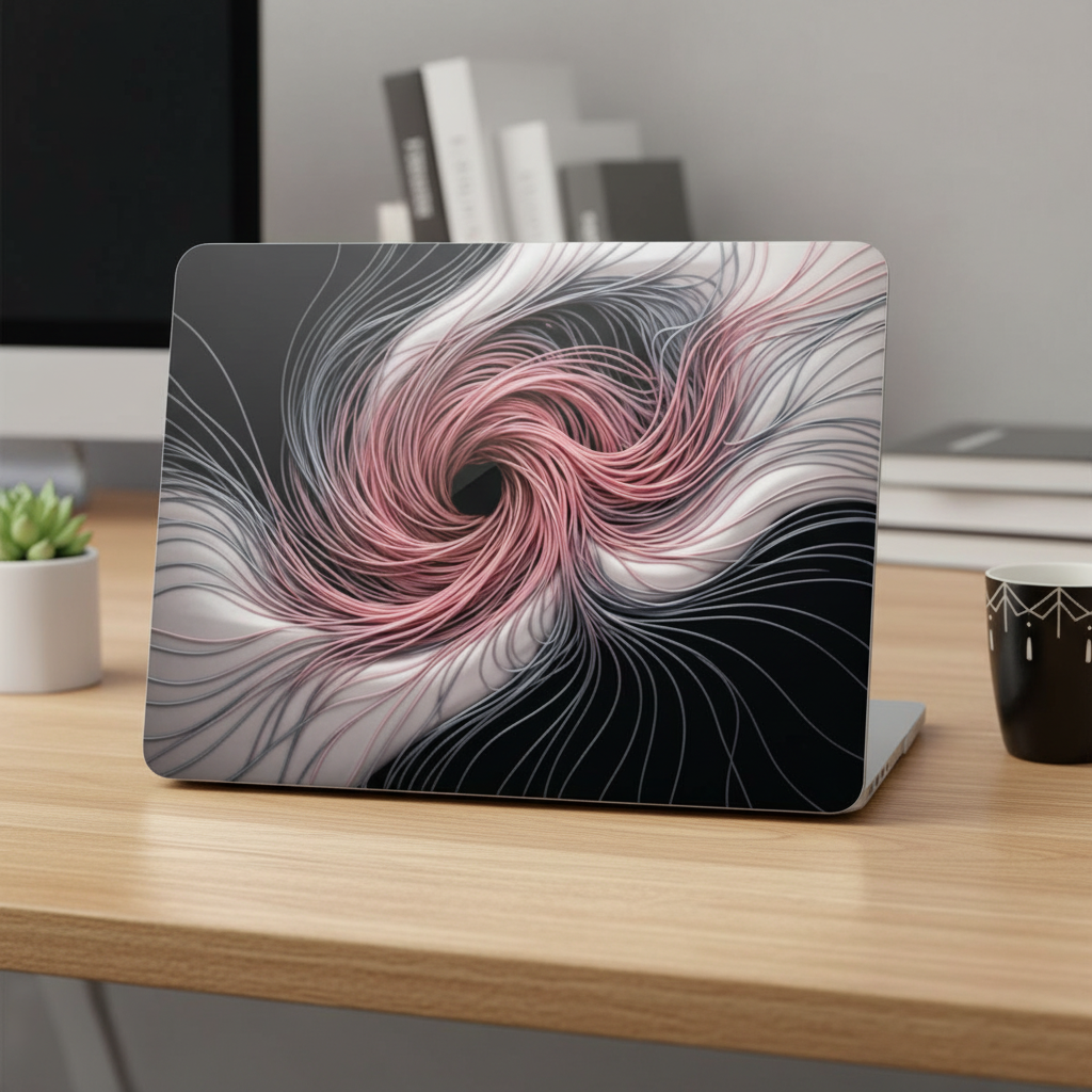 A close-up lifestyle photograph of a MacBook sitting on a wooden desk in a bright home office setting. The laptop features a futuristic custom hard shell case with a dynamic abstract design: swirling fiber-optic style lines in glowing pink and silver converge on a deep black background, creating a quantum-vortex visual effect. The surrounding desk includes a potted succulent, a computer monitor, stacked books, and a patterned black coffee mug, showcasing the protective case as a stylish accessory in a creat