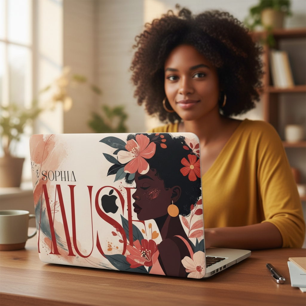 A personalized MacBook case on a wooden desk with a student using it, featuring a vibrant portrait of a Black woman with coral and pink flowers, and the custom typography SOPHIA MUSE on a neutral beige background.