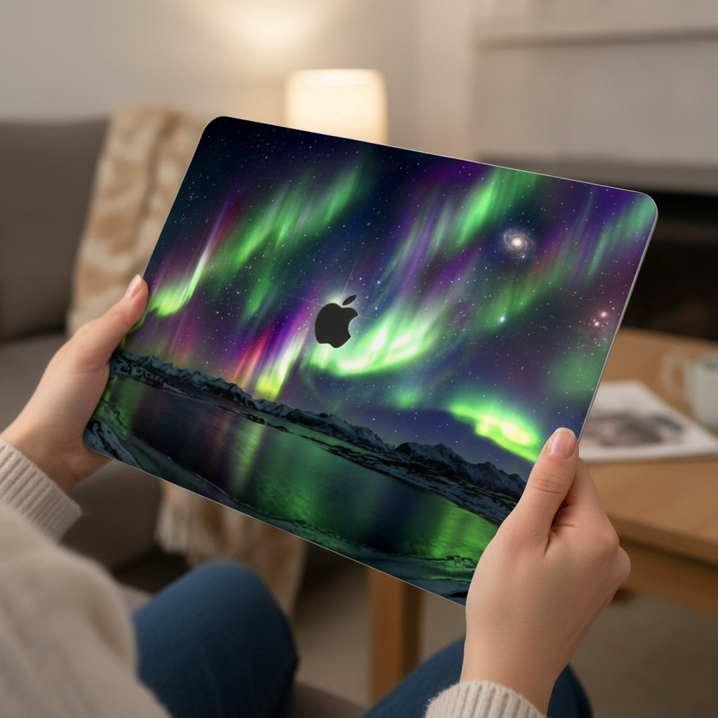 Close-up lifestyle photo of a person's hands holding an open MacBook. The lid is protected by a hardshell case featuring a vivid Northern Lights design, with emerald green and purple Aurora Borealis glowing over an arctic landscape and a starry night sky.