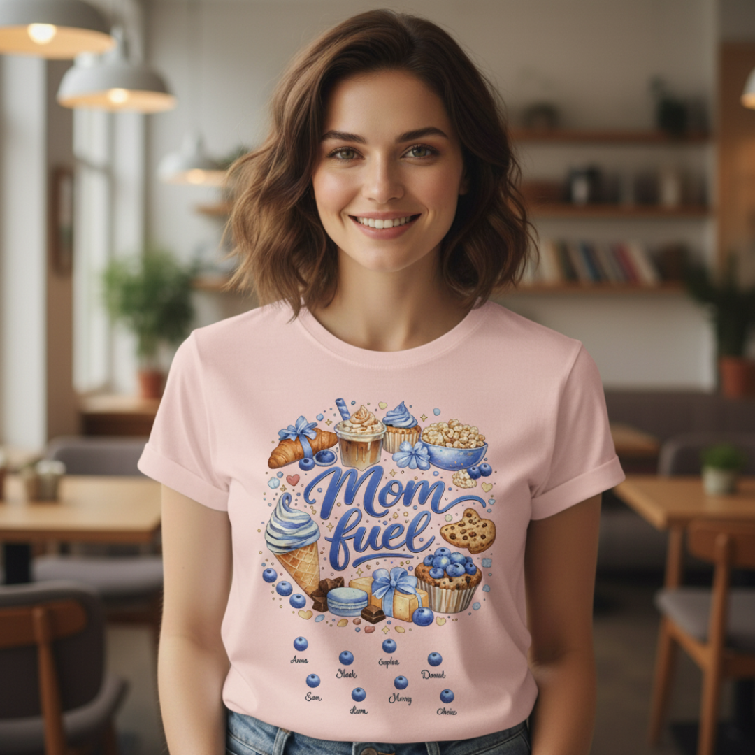 Model wearing a soft pink personalized "Mom Fuel" T-shirt, perfectly displaying the delicious watercolor blueberry dessert design with custom name script.
