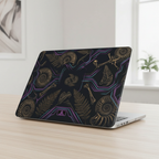 Angled view of a MacBook Pro featuring a premium glossy hard shell case with a paleo-futuristic design. The high-definition 3D visual effect showcases golden ancient fossils, ammonites, and ferns intertwined with glowing neon purple and cyan cyber-lines, creating a vibrant contrast against the deep black background.