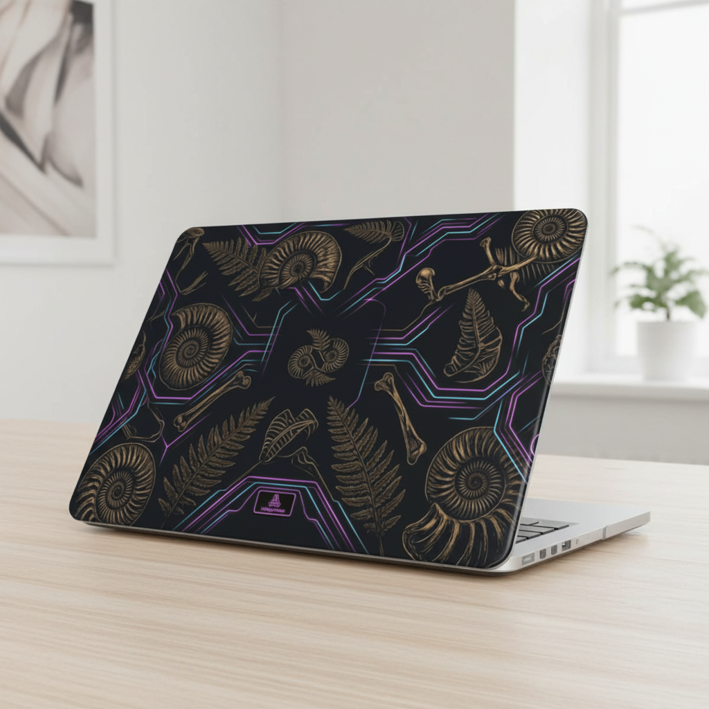 Angled view of a MacBook Pro featuring a premium glossy hard shell case with a paleo-futuristic design. The high-definition 3D visual effect showcases golden ancient fossils, ammonites, and ferns intertwined with glowing neon purple and cyan cyber-lines, creating a vibrant contrast against the deep black background.