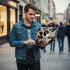 A young man in a denim jacket standing on a busy city street, using a MacBook with a custom retro collage case featuring vintage aesthetic stickers, an 8-ball, and a cassette tape.