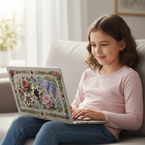 A smiling young girl in a pink shirt sits on a sofa, happily typing on a silver laptop. The laptop lid features a detailed and vibrant botanical case with embossed-style illustrations of wisteria, roses, lilies, ladybugs, and snails, matching the product's design.