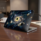Lifestyle photo of a MacBook on a dark wooden desk. The laptop is protected by a high-definition hardshell case featuring a stunning 3D Effect Solar System design with a glowing sun and planets in space orbit. A coffee cup and notebook are blurred in the background, creating a focused work environment.