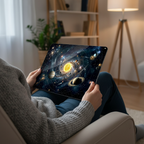 Lifestyle photo of a person sitting in an armchair at home, holding a MacBook. The laptop is protected by a hardshell case featuring a stunning 3D Effect Solar System design with a glowing sun and planets in space orbit. The warm interior lighting from a floor lamp creates a cozy atmosphere for relaxed browsing or work.