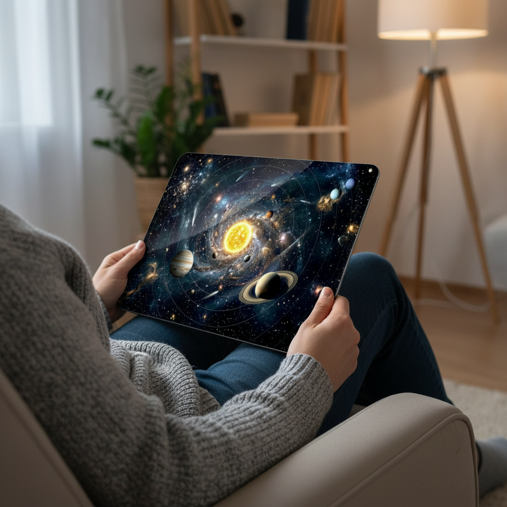 Lifestyle photo of a person sitting in an armchair at home, holding a MacBook. The laptop is protected by a hardshell case featuring a stunning 3D Effect Solar System design with a glowing sun and planets in space orbit. The warm interior lighting from a floor lamp creates a cozy atmosphere for relaxed browsing or work.