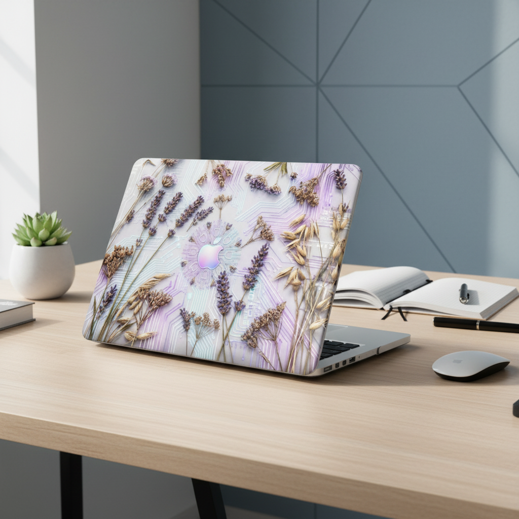 A MacBook with a "Lavender Cyber-Garden" case sits on a light wooden desk in a modern office setup. The design features real-life dried lavender stems over a glowing purple digital circuit pattern.