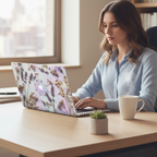 A focused woman in a light blue shirt works on a MacBook at a bright wooden desk. The laptop features a custom purple lavender and digital circuit case design, with a steaming cup of coffee nearby.