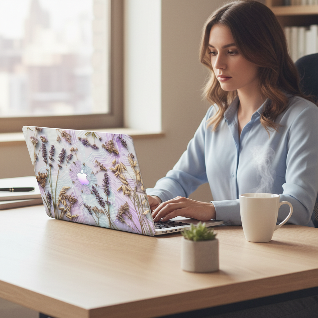 A focused woman in a light blue shirt works on a MacBook at a bright wooden desk. The laptop features a custom purple lavender and digital circuit case design, with a steaming cup of coffee nearby.