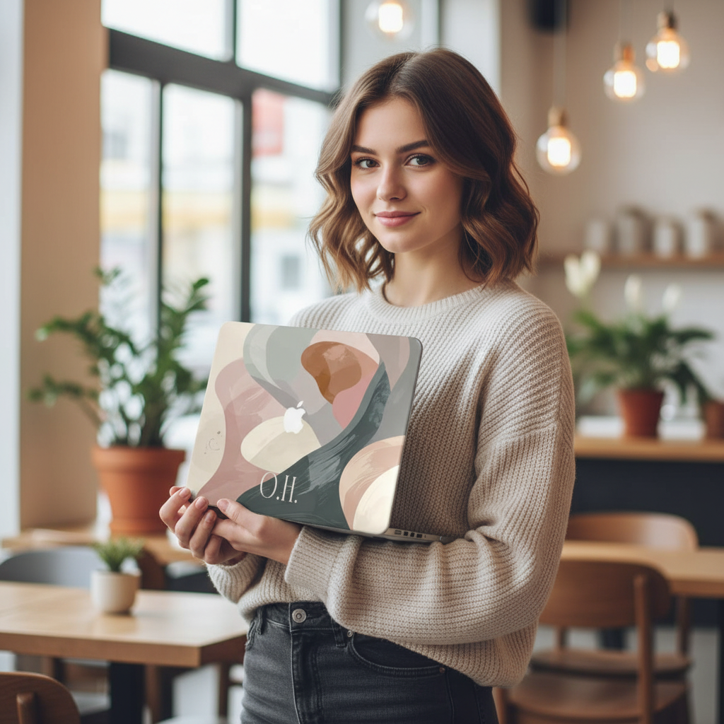 A young woman holds a personalized MacBook case with a neutral abstract art design in muted pink, cream, and grey, featuring the monogram O.H., inside a bright modern cafe.