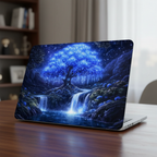 Lifestyle view of a MacBook on a wooden desk featuring a 3D-effect 'Celestial Willow' hardshell case with a glowing blue tree and mystical waterfalls.