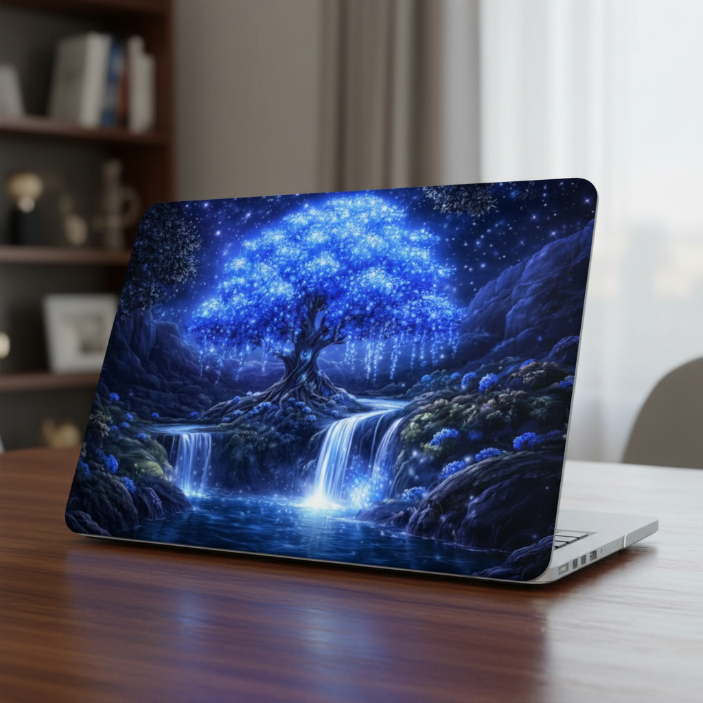 Lifestyle view of a MacBook on a wooden desk featuring a 3D-effect 'Celestial Willow' hardshell case with a glowing blue tree and mystical waterfalls.