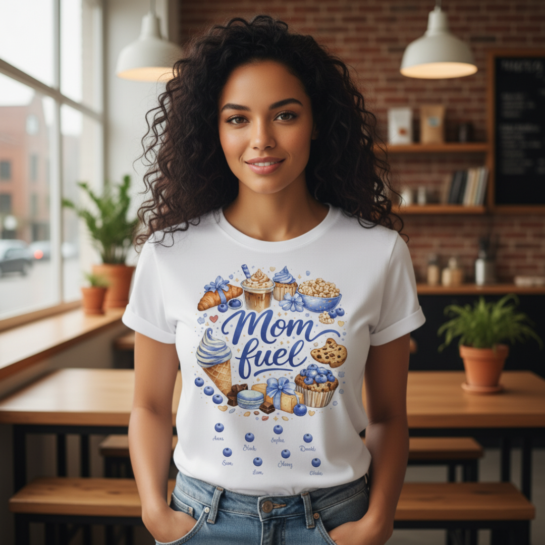 Stylish portrait of a woman wearing a white personalized "Mom Fuel" T-shirt, showing the elegant food illustration and name details in a sunlit kitchen setting.