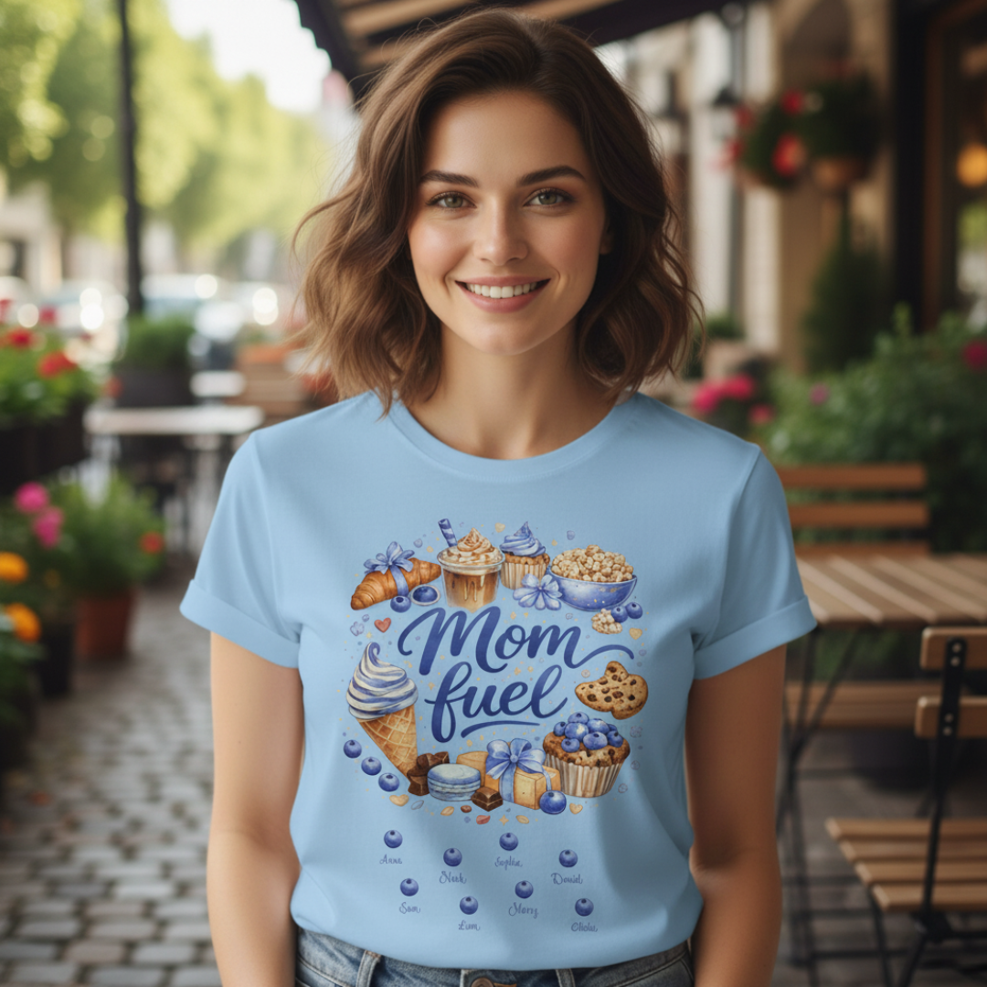 Model wearing a light blue  personalized "Mom Fuel" T-shirt, featuring the detailed sweet food illustration for a casual yet stylish look.