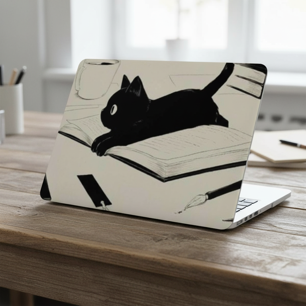 A MacBook with a protective hard shell case featuring a minimalist black ink sketch of a cat lying on an open book, set against a matte cream-colored background. The laptop is placed on a wooden desk in a cozy office environment with coffee mugs and notebooks, showcasing the aesthetic and artistic design of the cover.