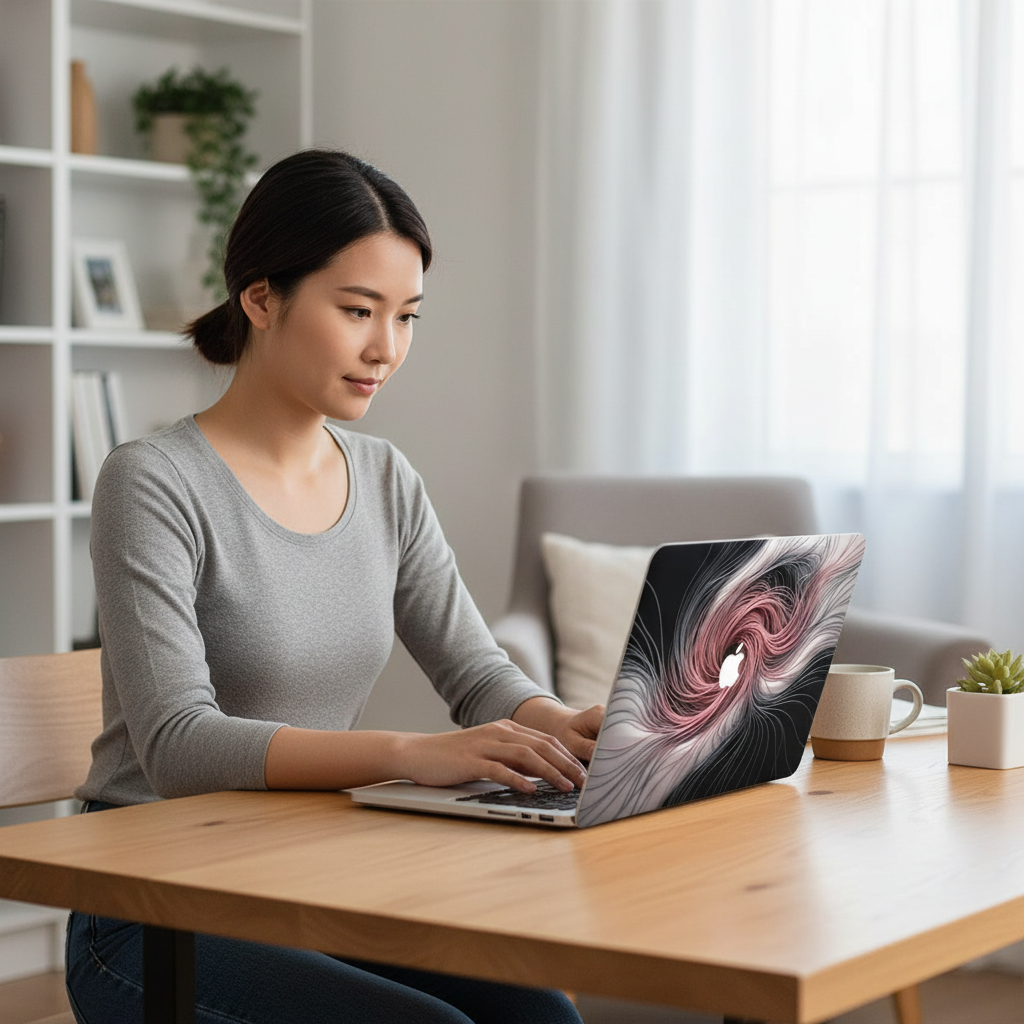 Young woman working on a laptop protected by a premium hardshell case with a 3D fluid art design in pink and black.