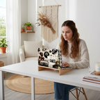 A young woman works at a clean white desk in a cozy boho-style home office, using a MacBook with a distinctive custom retro collage aesthetic case featuring vintage stickers and iconic symbols.