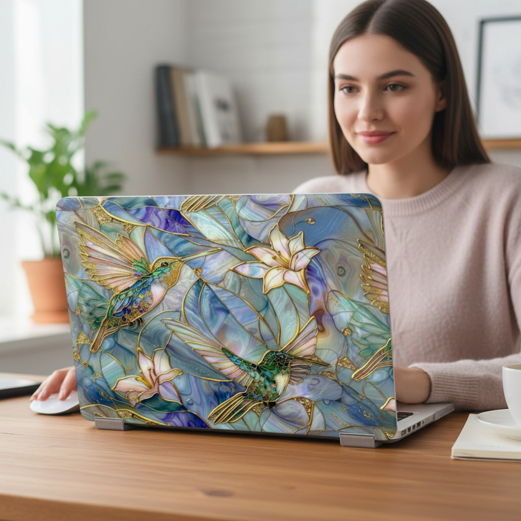 Lifestyle photo of a woman working on a MacBook at a wooden desk in a bright, modern room. The laptop is fitted with a protective hard shell case featuring an intricate stained glass hummingbird and lily design. The woman is focused on the screen, with a computer mouse and notebook visible on the desk, creating a professional yet artistic atmosphere.