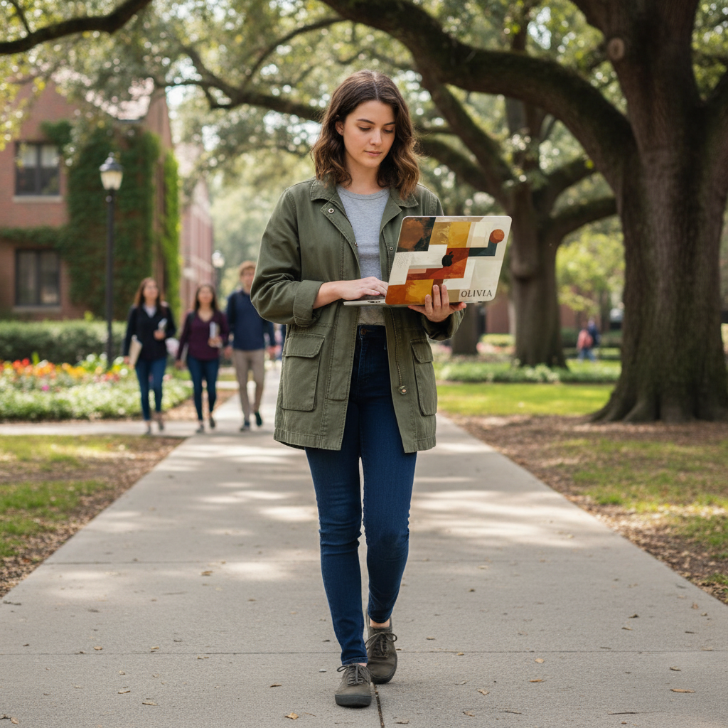 A female student walks and types on her open MacBook Pro with a personalized abstract terracotta case, showing the Olivia name and geometric art on a university campus path.
