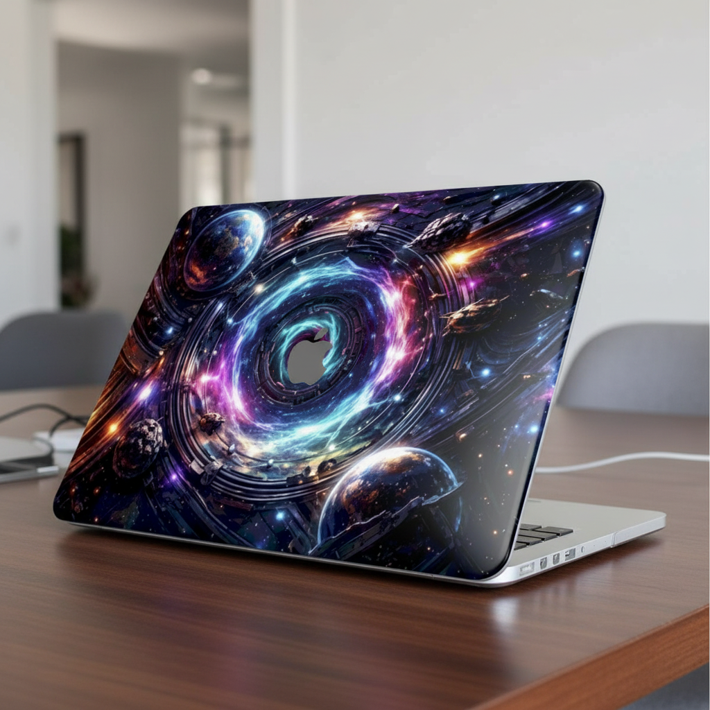Lifestyle photo of a MacBook Pro on a wooden desk featuring a premium protective hard shell case with a futuristic quantum swirl design. The case displays vibrant purple and blue cosmic nebulae, planets, and a glowing light effect around the Apple logo.