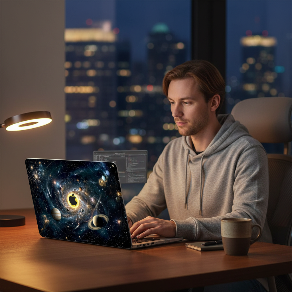 Lifestyle photo of a man in a grey hoodie working on a MacBook at a wooden desk during the evening. The laptop is fitted with a hardshell case featuring a stunning 3D Effect Solar System design with a glowing sun, orbiting planets, and a central cutout for the Apple logo. A warm desk lamp and a blurred city skyline at night create a professional and focused atmosphere.