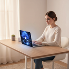Side view of a woman in a cream sweater typing on a MacBook at a wooden desk in a room, featuring a 3D-effect glowing blue tree hardshell case with ethereal waterfalls and an exposed white Apple logo.