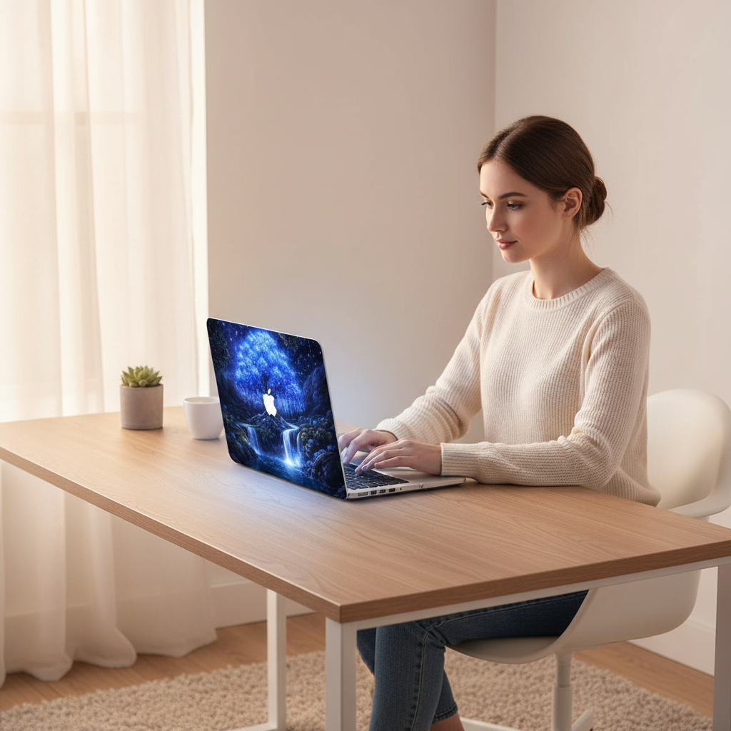 Side view of a woman in a cream sweater typing on a MacBook at a wooden desk in a room, featuring a 3D-effect glowing blue tree hardshell case with ethereal waterfalls and an exposed white Apple logo.