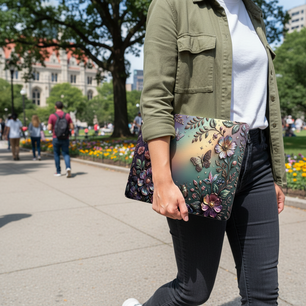 Closeup of a woman's hands holding an open silver MacBook, which is protected by a hardshell case featuring a intricate 3D-effect floral design. The case shows textured metallic purple, pink, and gold flowers and leaves on a pink and blue gradient background.