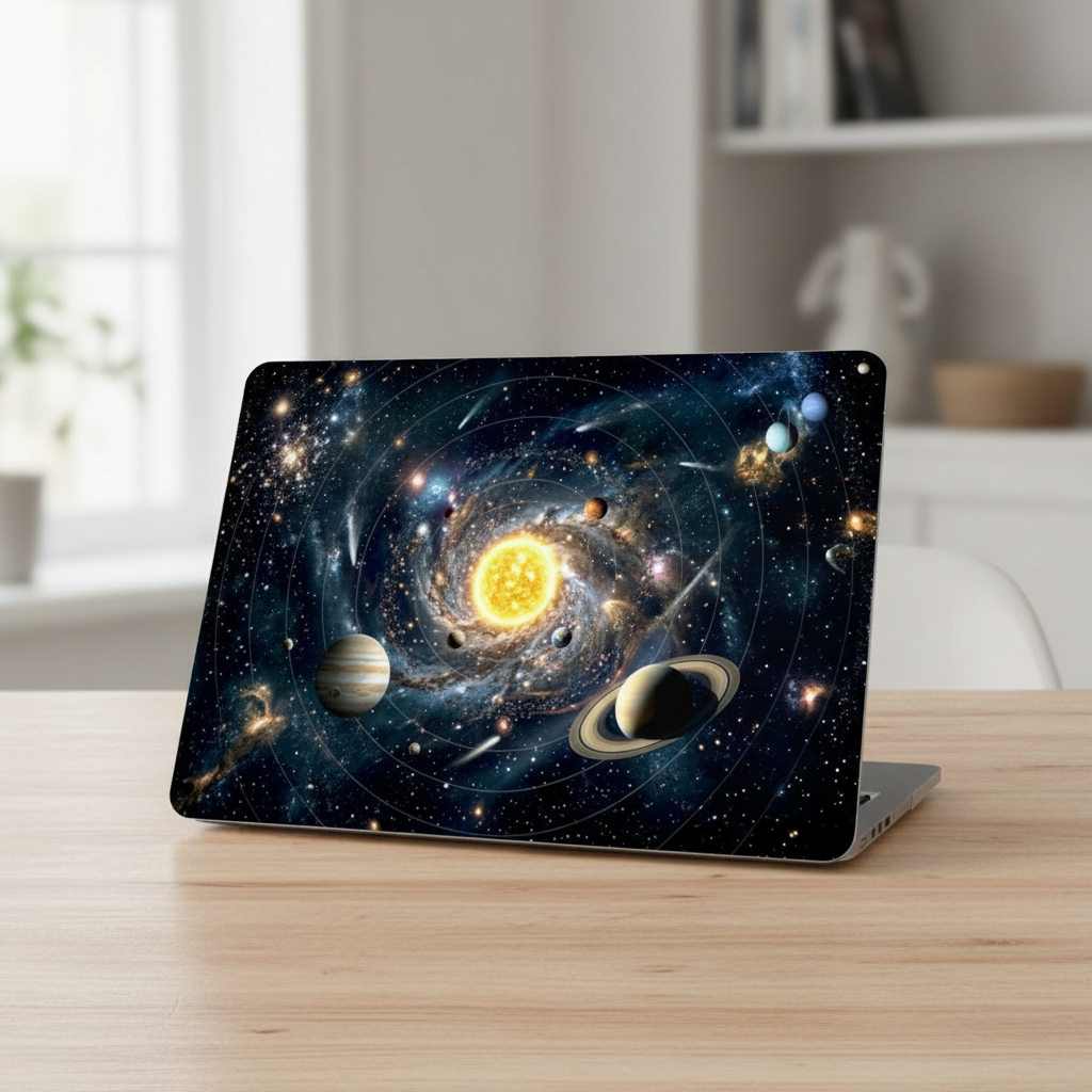 Lifestyle photo of a MacBook on a light wooden table in a bright, modern room. The laptop is protected by a hardshell case featuring a vivid 3D Effect Solar System design with a glowing sun and planets in space orbit. The blurred background shows a minimalist interior with a window and white shelves, highlighting the artistic tech accessory.