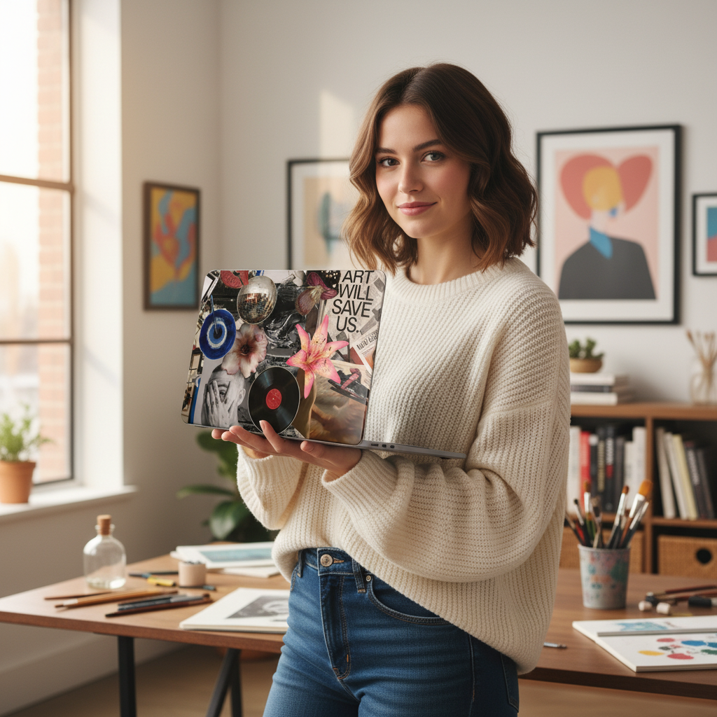 Smiling young woman in a cozy white sweater holding a laptop with an "Art Will Save Us" aesthetic collage skin, standing in a bright creative studio with art supplies and posters.