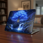 Close-up lifestyle view of a MacBook on a dark wooden desk featuring a 3D-effect 'Celestial Willow' hardshell case with a glowing blue tree and grey Apple logo.