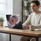 Modern young man working on a laptop with a premium 'Quantum Echo' hardshell case, featuring a high-definition 3D abstract fluid design.