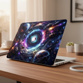 Lifestyle photo of a MacBook Pro on a wooden desk with a premium hard shell case featuring a vibrant purple and blue cosmic galaxy design, planets, and a glowing quantum swirl, with a precision cutout highlighting the white Apple logo.